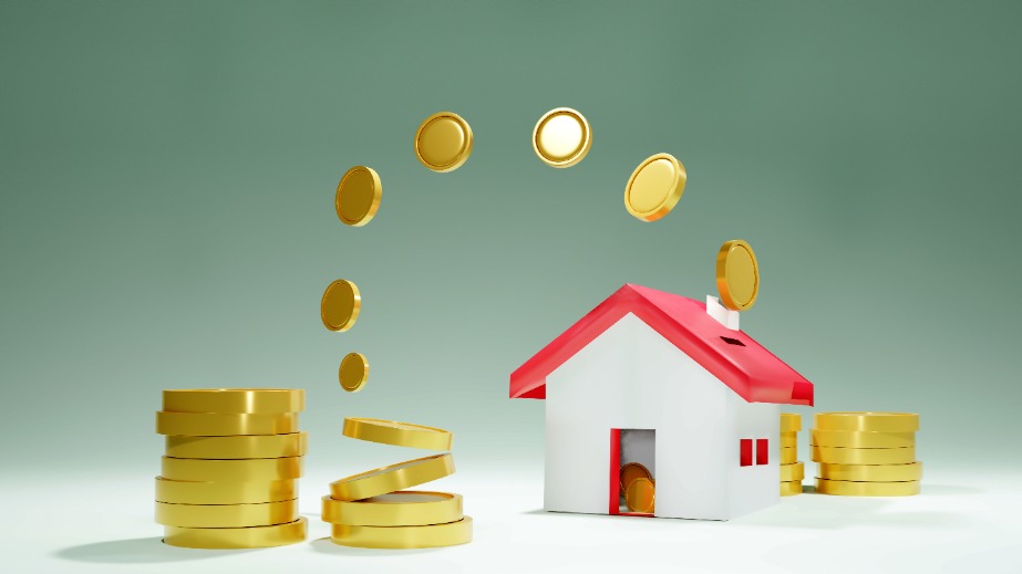 Stacked piles of coins float into a house-shaped piggy bank.